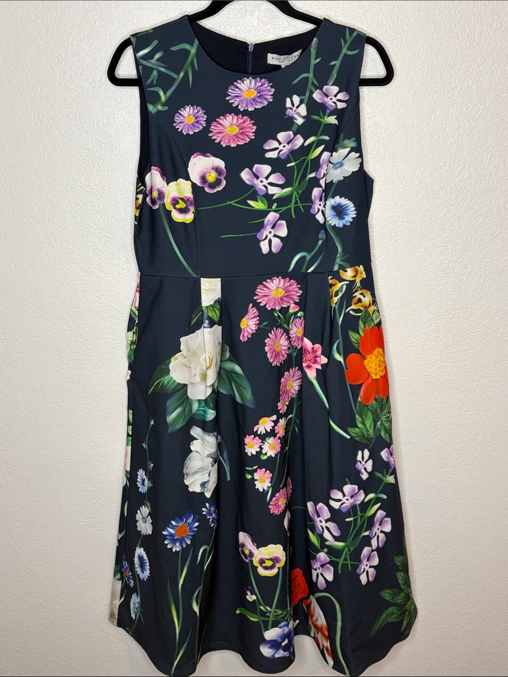 Kay Unger Navy Floral Fit-and-Flare Midi Dress